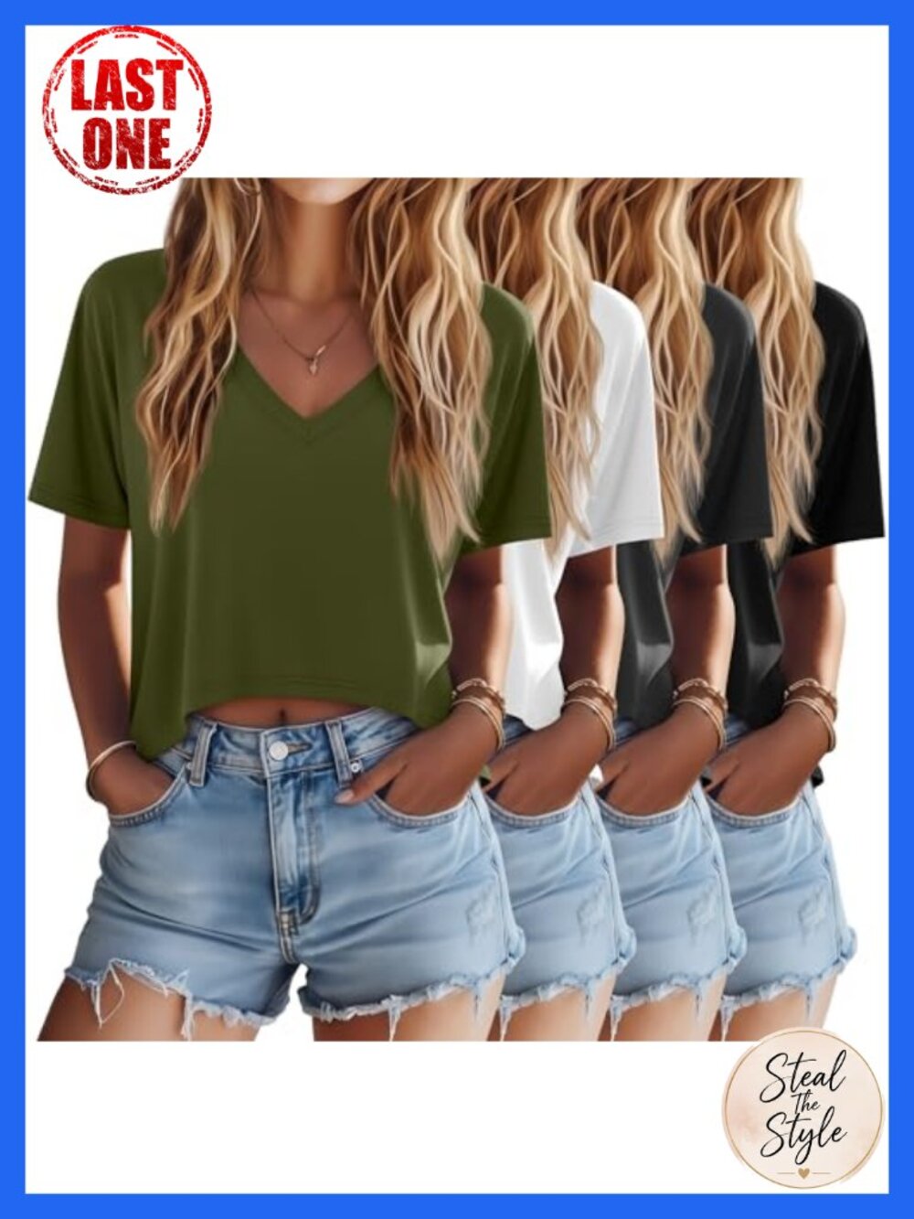 Oversized Crop T-Shirts V-Neck Short Sleeve Boxy Fit 4 Pack